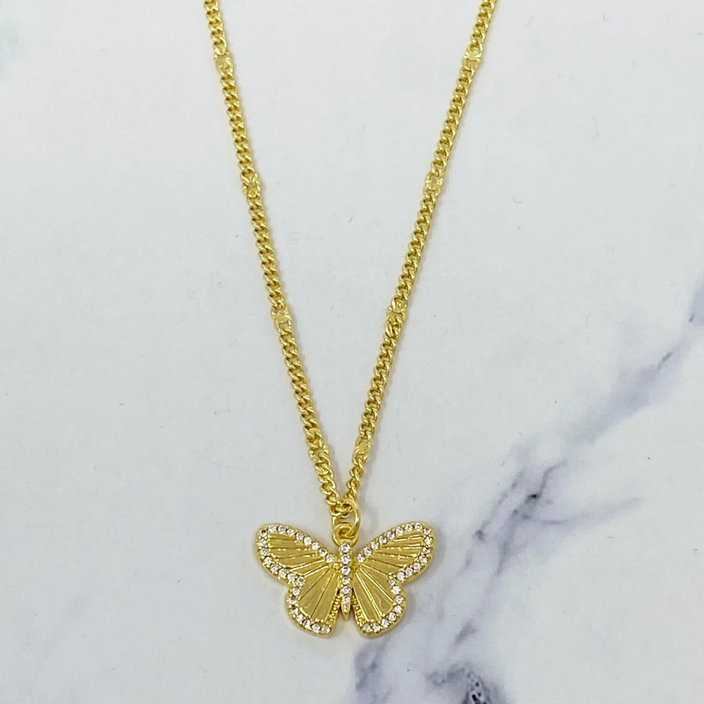 Butterfly In Flight Necklace - Delicate Gold CZ Nature-Inspired Pendant
