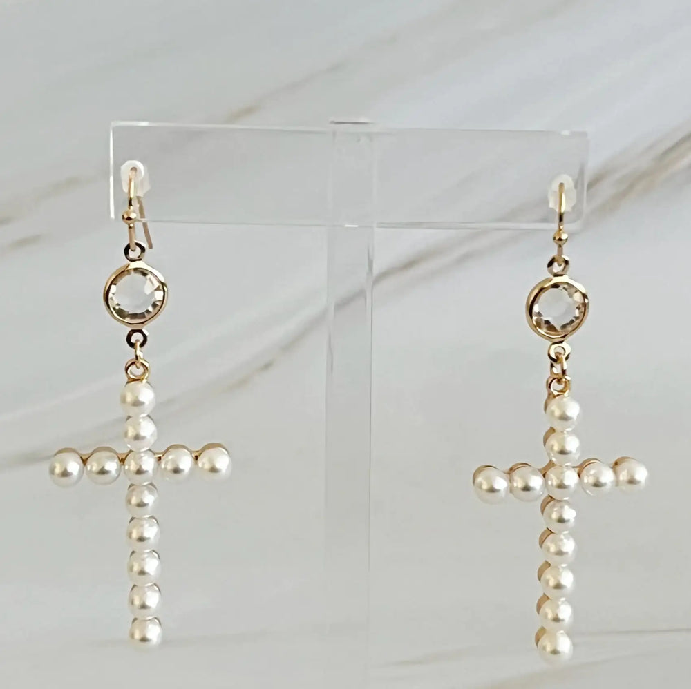 Stylish Pearl Cross Dangle Earrings for Women
