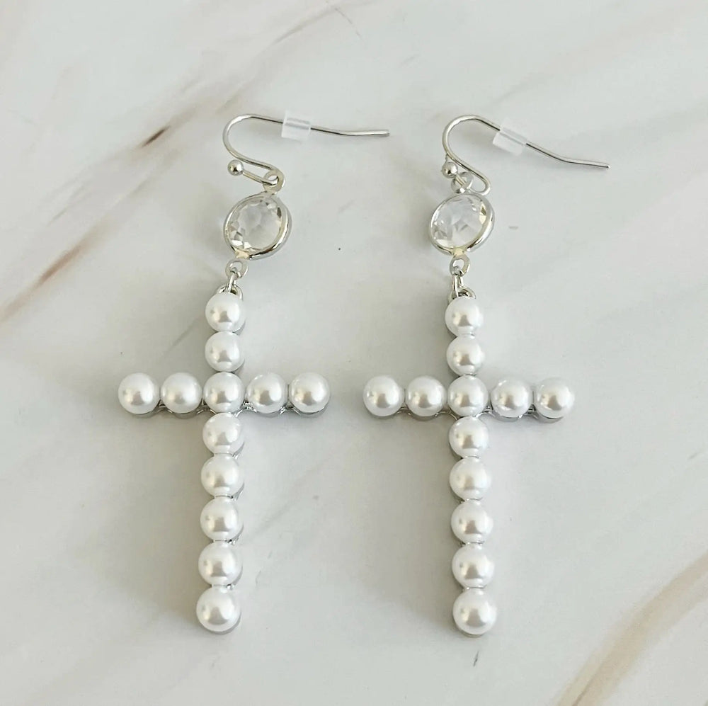 Stylish Pearl Cross Dangle Earrings for Women