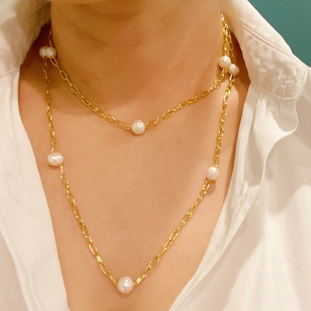 Freshwater Pearl Long Chain Necklace - Genuine Pearl Strand Jewelry