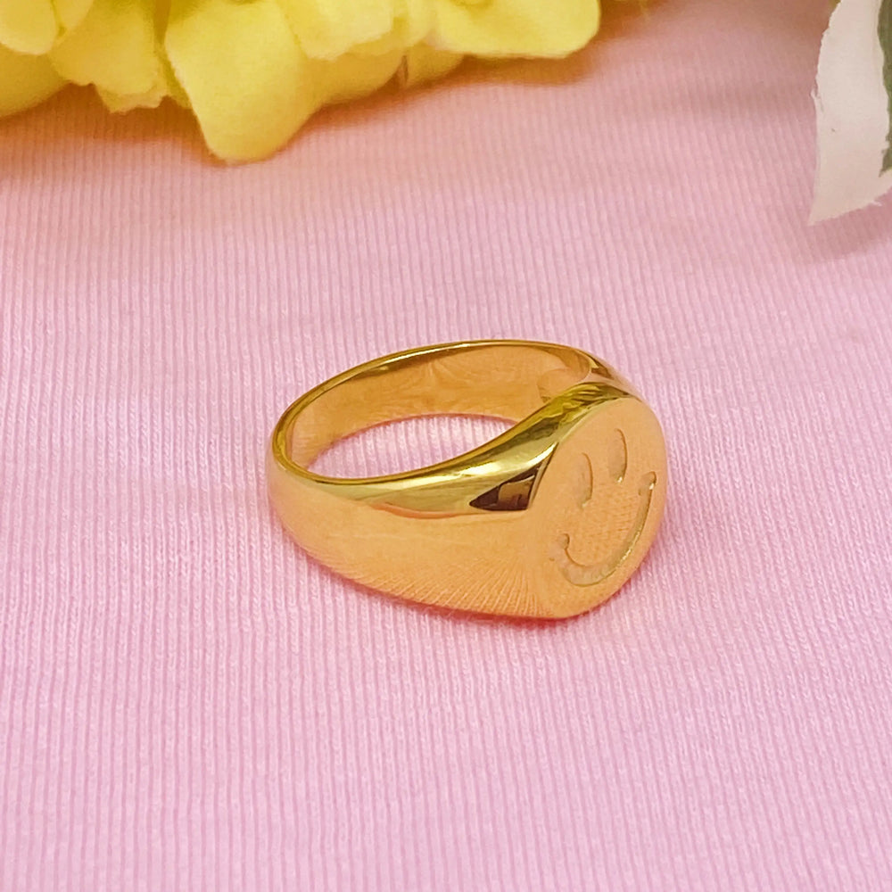 Stamped Smile Ring - 18K Gold Plated Happy Face Ring Size 7
