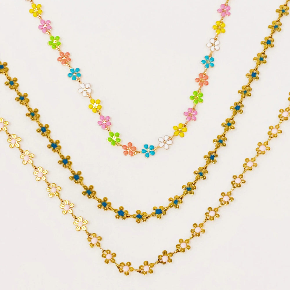 Reversible Flower Necklace - Gold Plated Colorful Floral Statement Jewelry