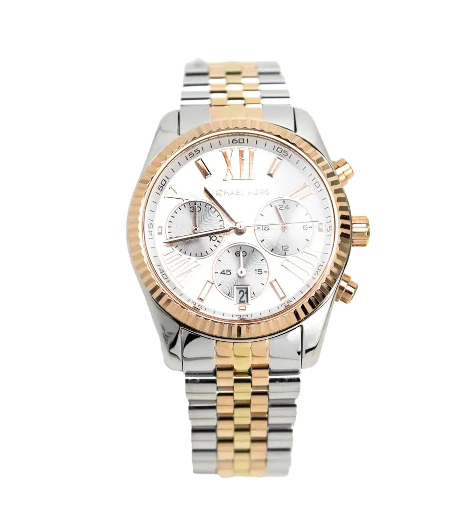 Michael Kors Lexington Chronograph Watch - Silver/Rose Gold Toned Stainless Steel