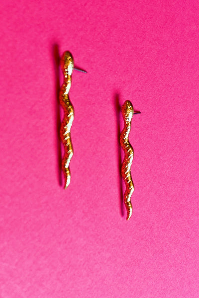 Single Snake Gold Earrings - Slim Drop Snake Earrings with Details