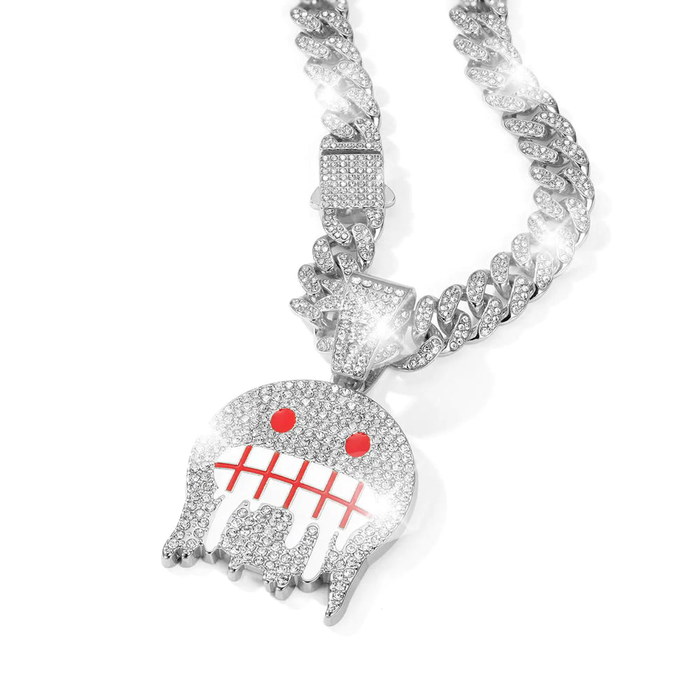 Red Smiling Face Hip-hop Cuban Chain Rhinestone Pendant Necklace Jewelry For Men，Mens Fashion Jewelry