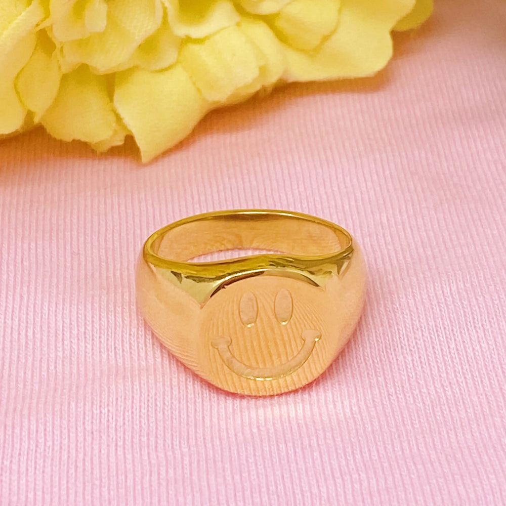 Stamped Smile Ring - 18K Gold Plated Happy Face Ring Size 7