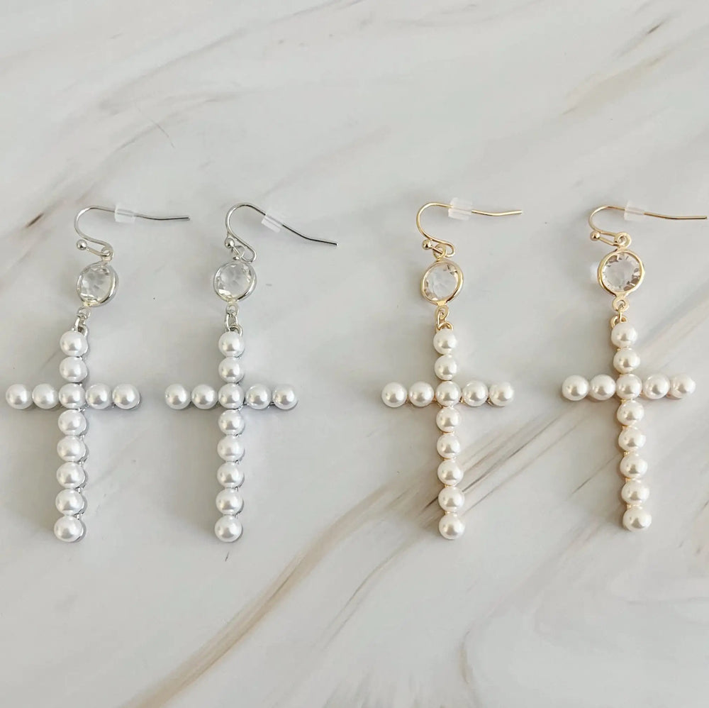 Stylish Pearl Cross Dangle Earrings for Women