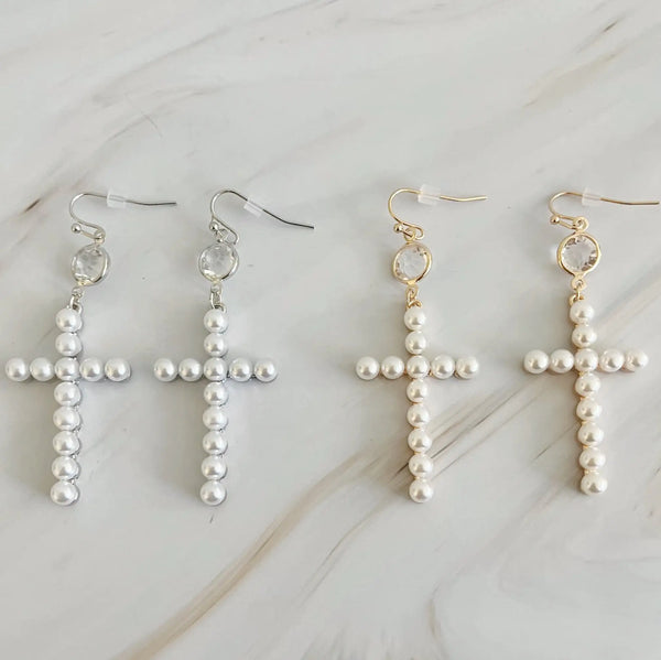 Stylish Pearl Cross Dangle Earrings for Women