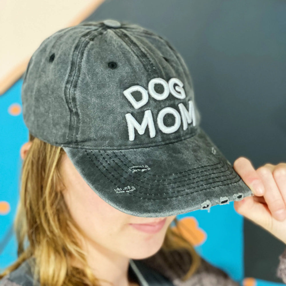 Dog Mom Distressed Ball Cap - White Embroidery