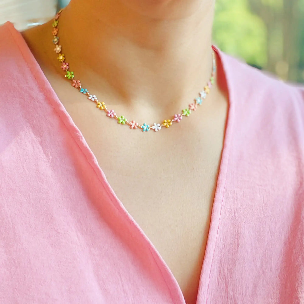 Reversible Flower Necklace - Gold Plated Colorful Floral Statement Jewelry