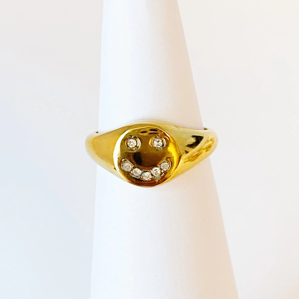 Shine Me Smile Ring - Gold Plated Smiley Face Ring with CZ Stones