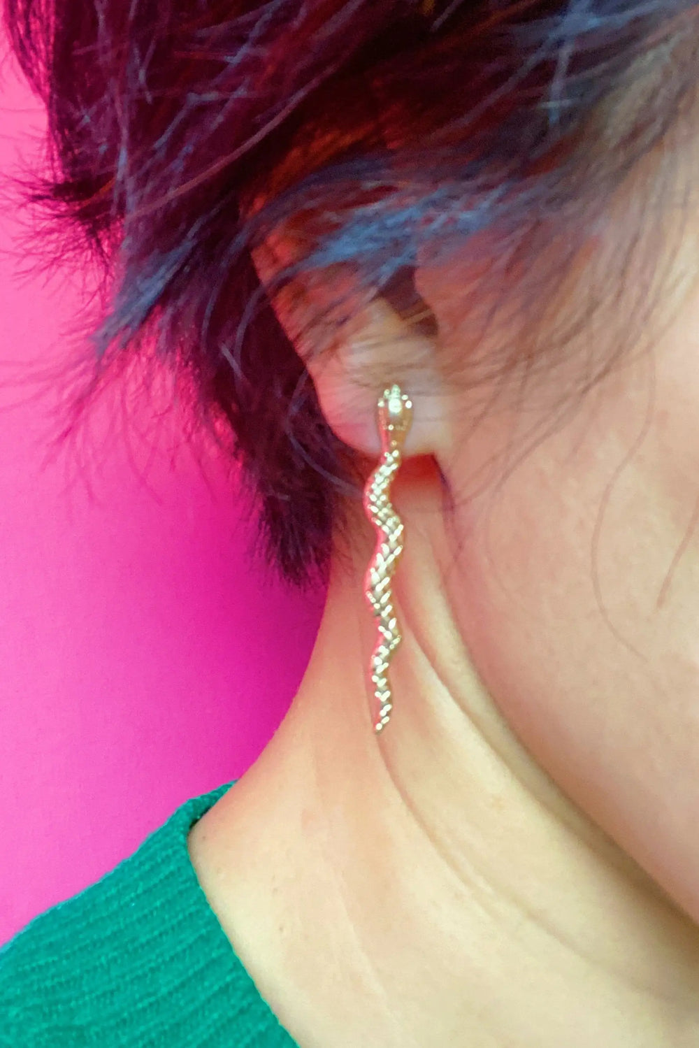 Single Snake Gold Earrings - Slim Drop Snake Earrings with Details