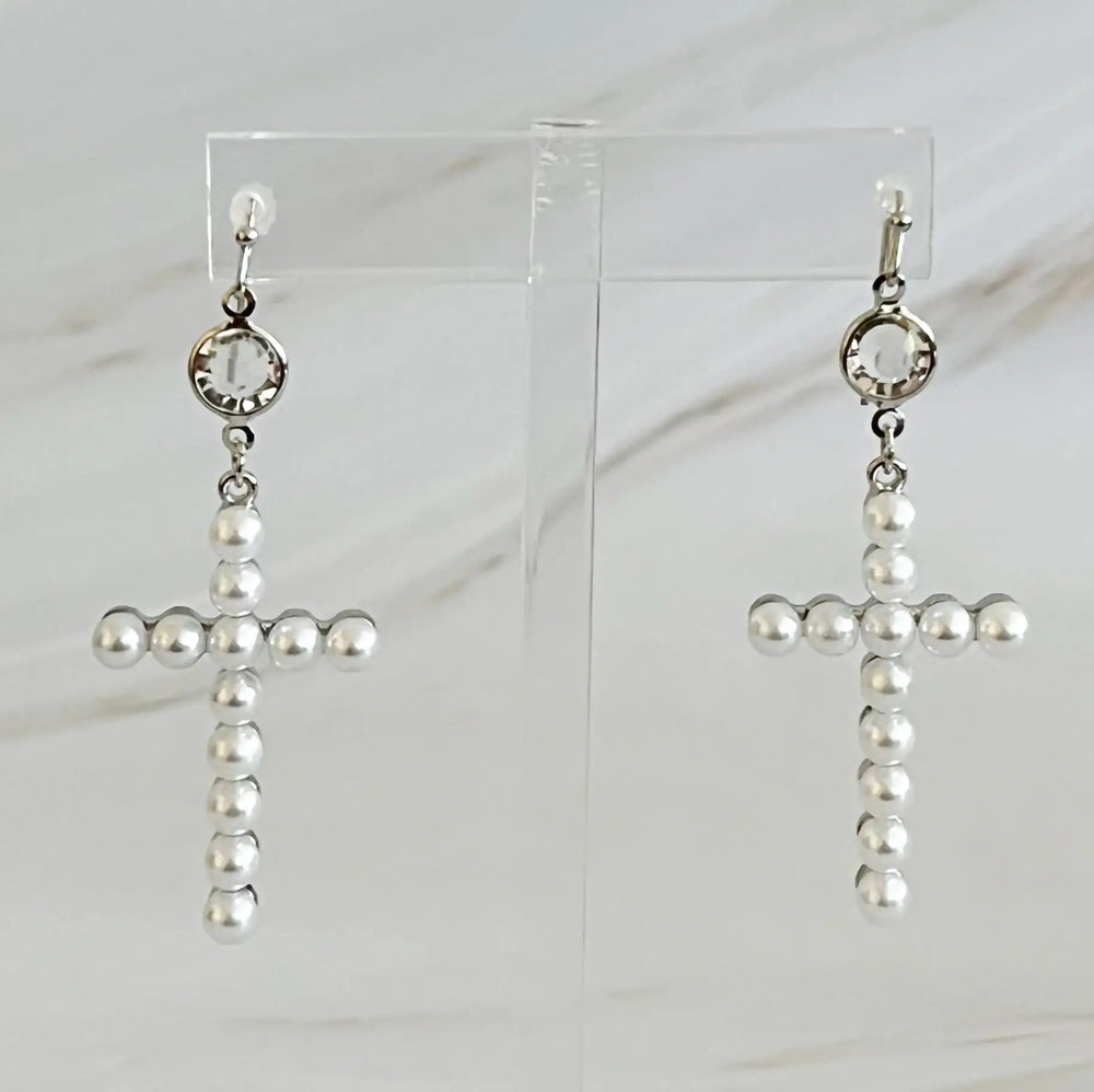 Stylish Pearl Cross Dangle Earrings for Women