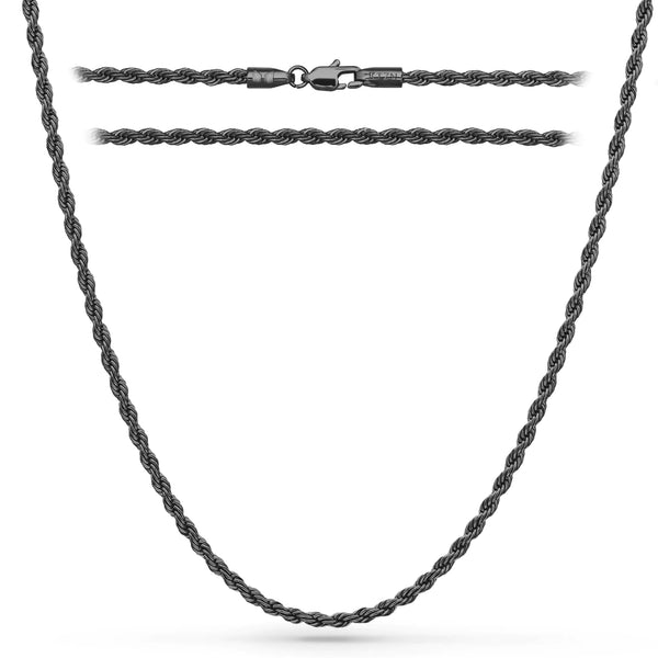 RTZN® Rope Chain for Men – 3mm Mens Chain Necklaces – Premium Diamond-Cut Stainless Steel Black Necklace for Men – NON-TARNISH & 100% Waterproof Luxurious Mens Jewelry Necklace (24" Inches)
