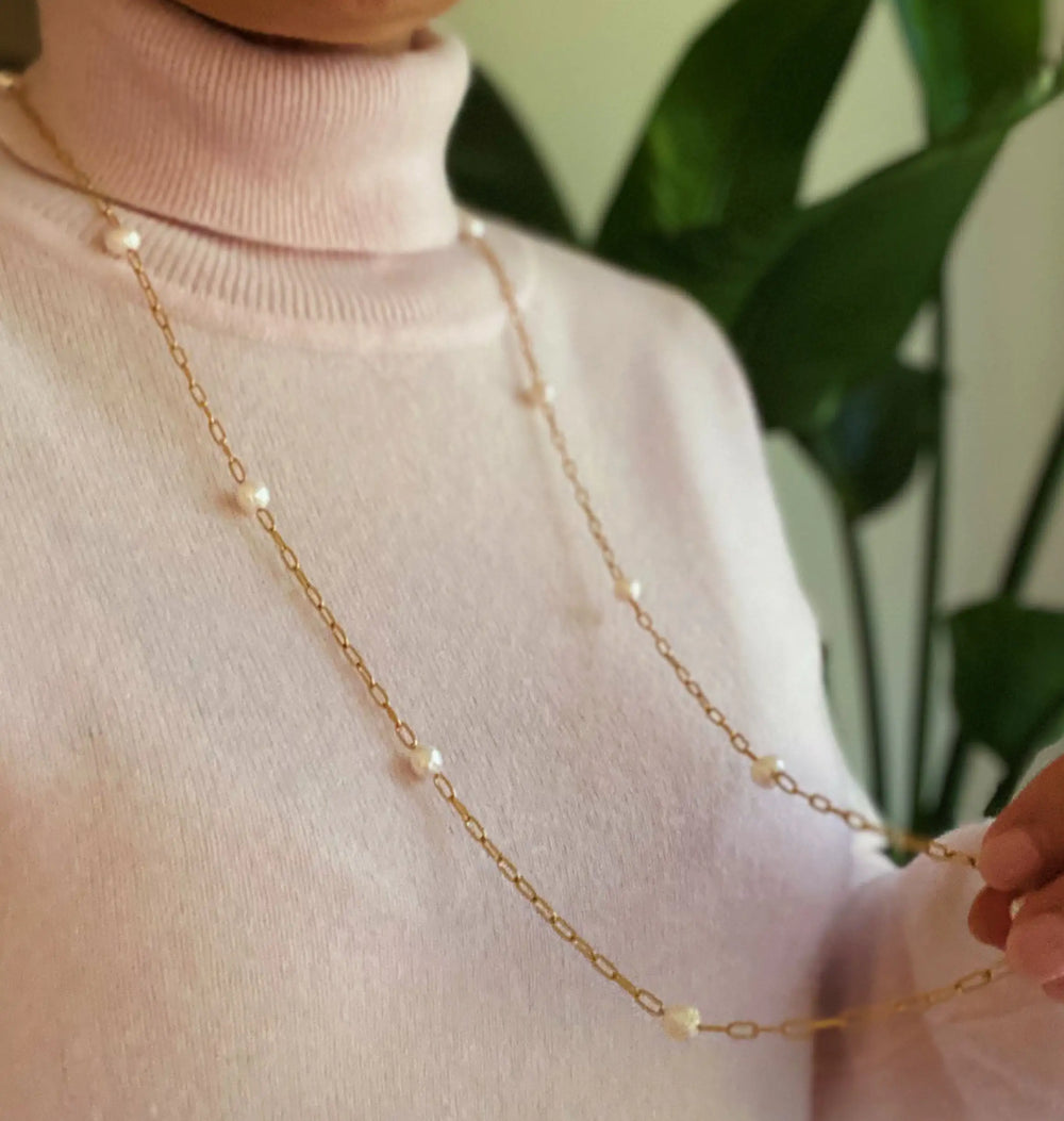 Freshwater Pearl Long Chain Necklace - Genuine Pearl Strand Jewelry