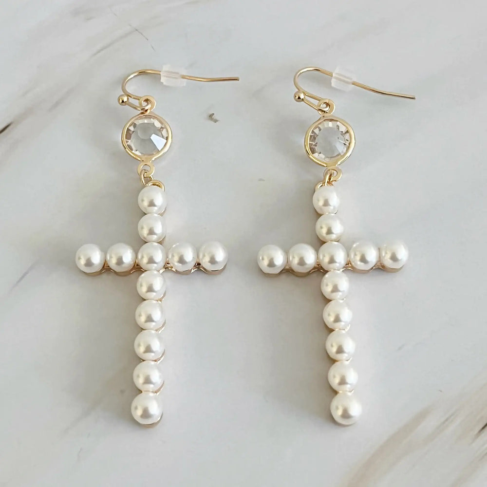 Stylish Pearl Cross Dangle Earrings for Women