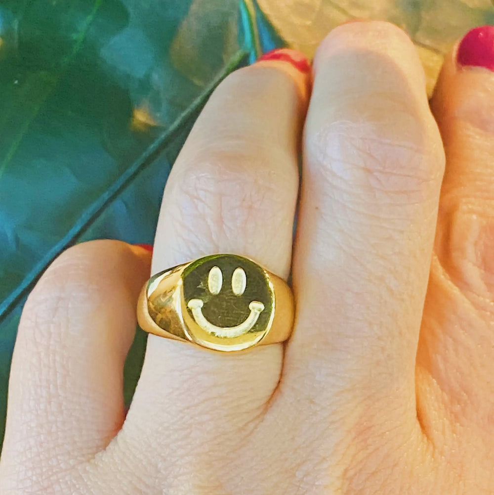 Stamped Smile Ring - 18K Gold Plated Happy Face Ring Size 7