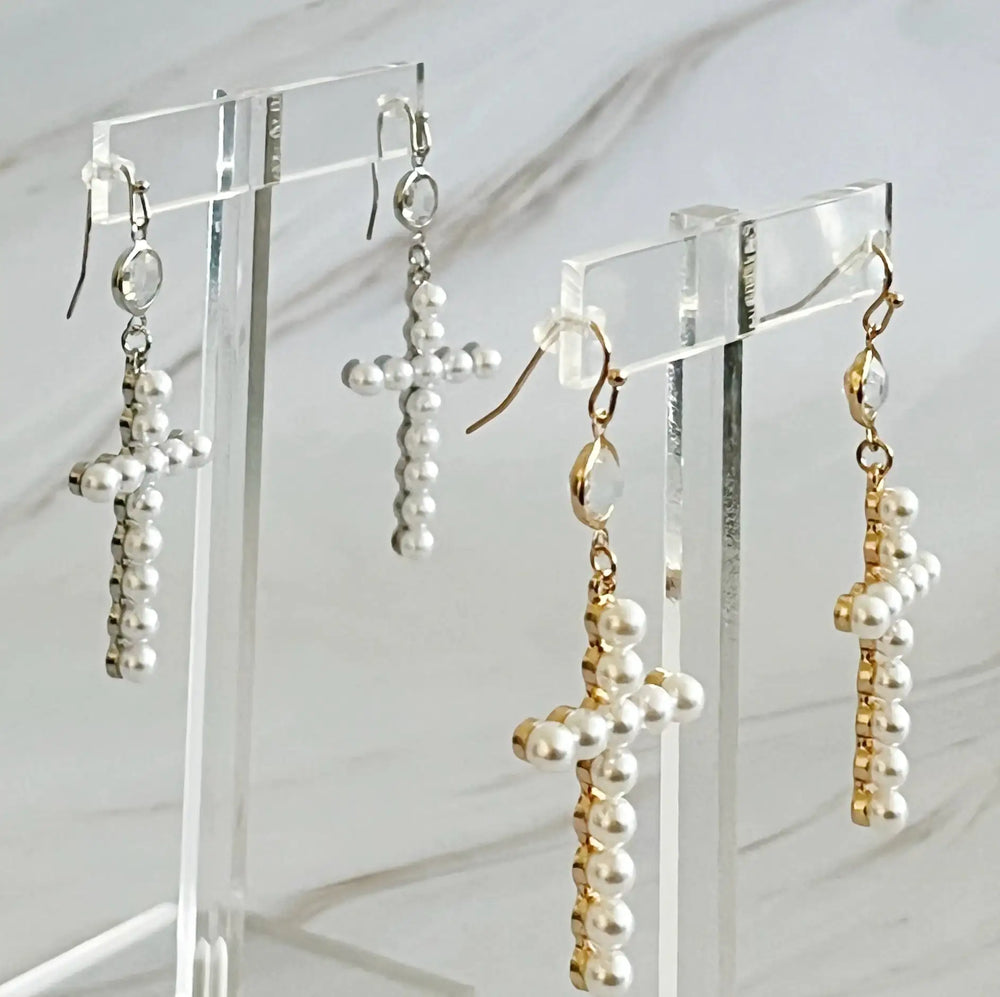 Stylish Pearl Cross Dangle Earrings for Women