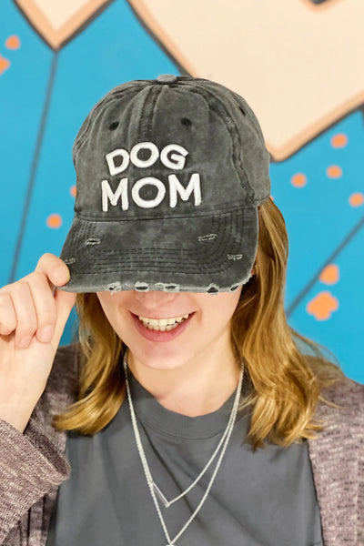 Dog Mom Distressed Ball Cap - White Embroidery